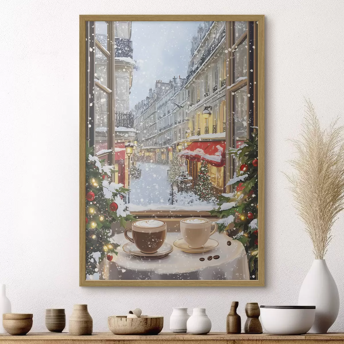 Poster Café d'hiver confortable, tasses de café, style acrylique, architecture de la vieille ville f42795