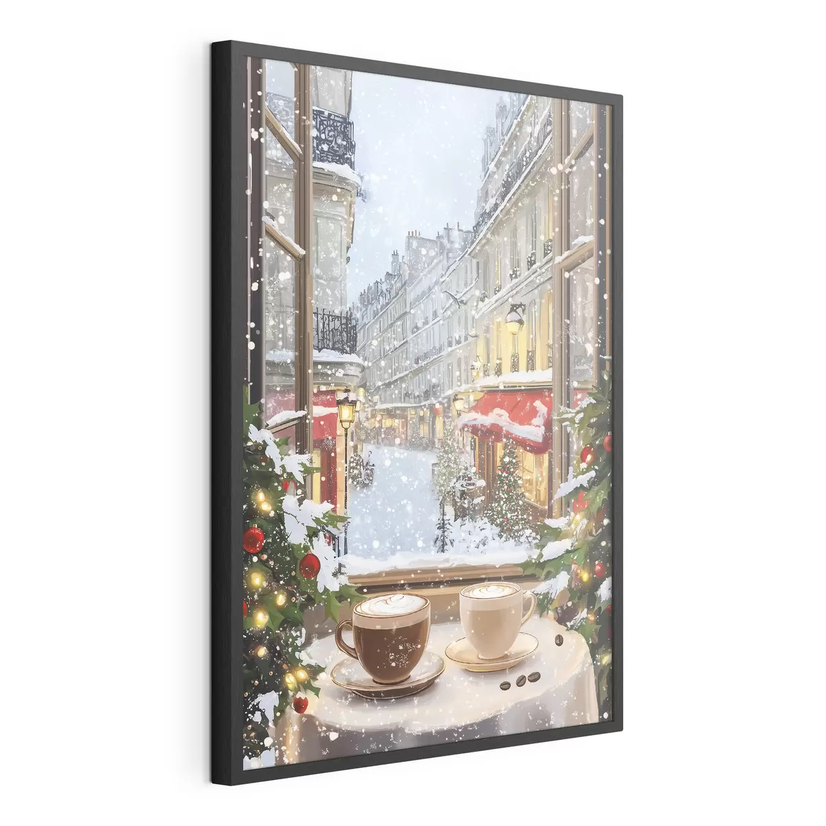 Poster Café d'hiver confortable, tasses de café, style acrylique, architecture de la vieille ville f42795