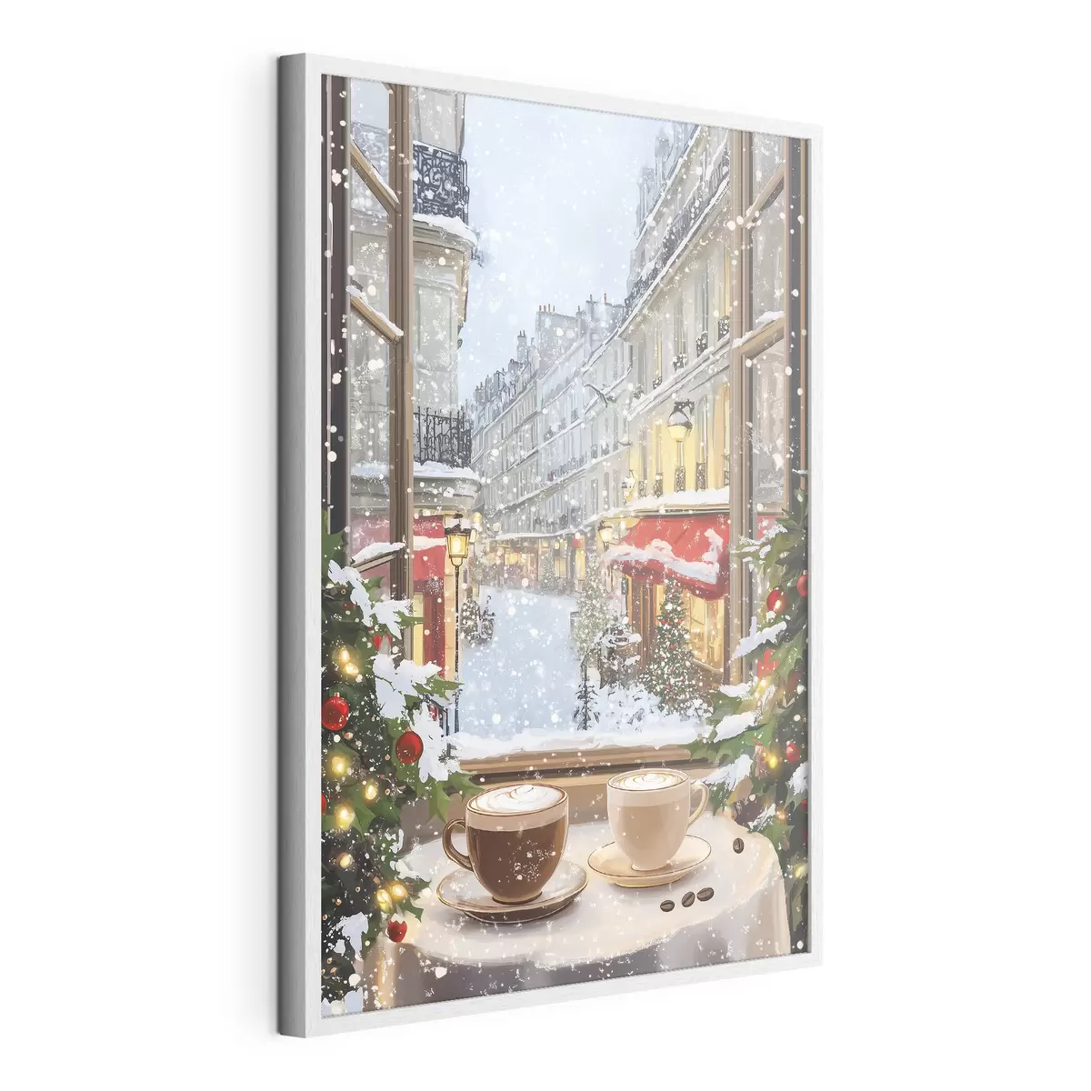 Poster Café d'hiver confortable, tasses de café, style acrylique, architecture de la vieille ville f42795