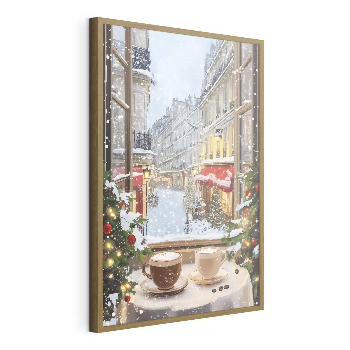 Poster Café d'hiver confortable, tasses de café, style acrylique, architecture de la vieille ville f42795