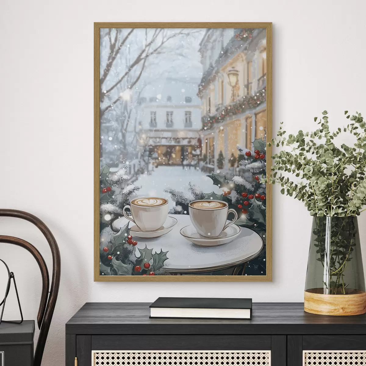 Poster Tasses de café dans un café confortable, esthétique hivernale, style boho f42797