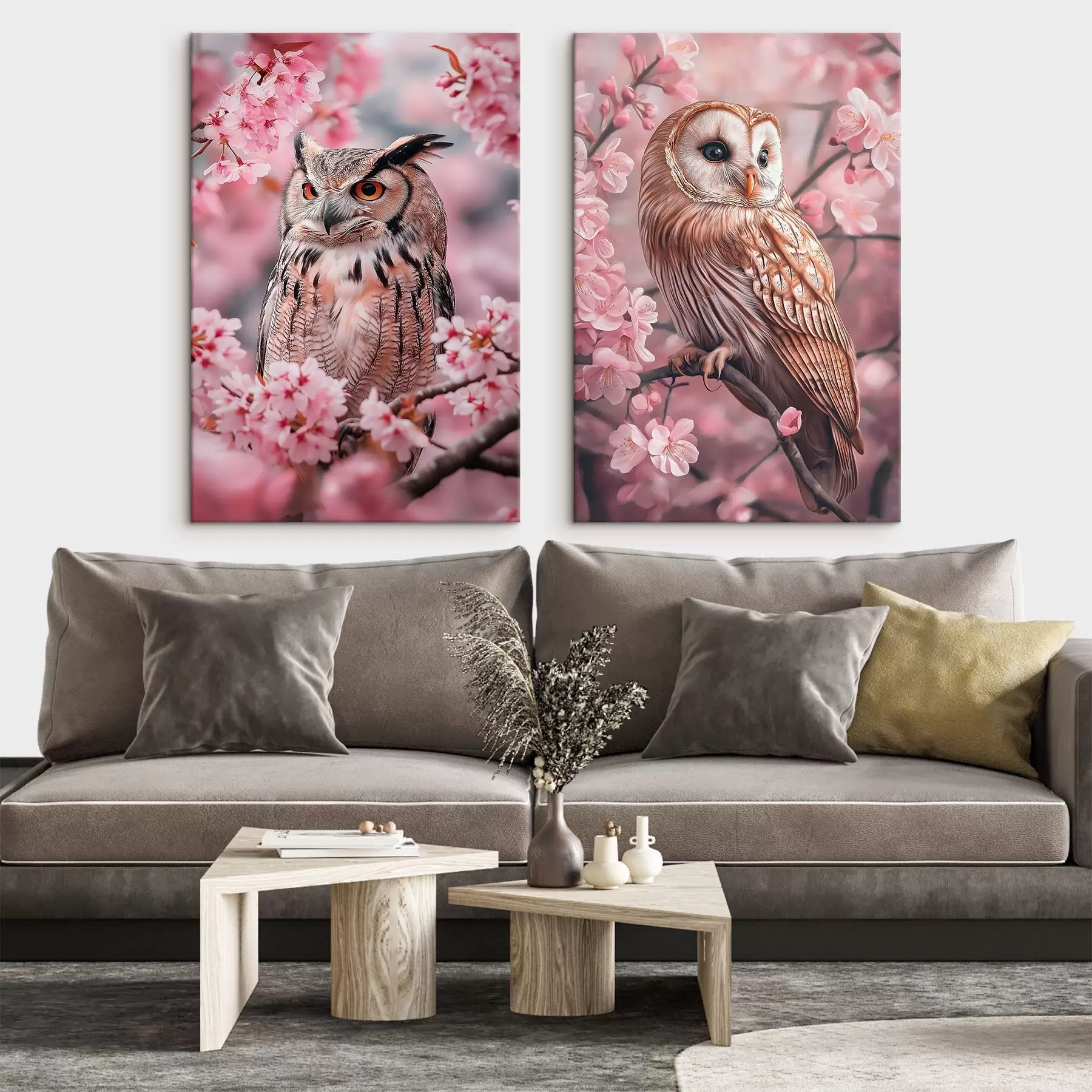 Tableau Hiboux sur le cerisier, fleurs roses, réalisme, nature m00411