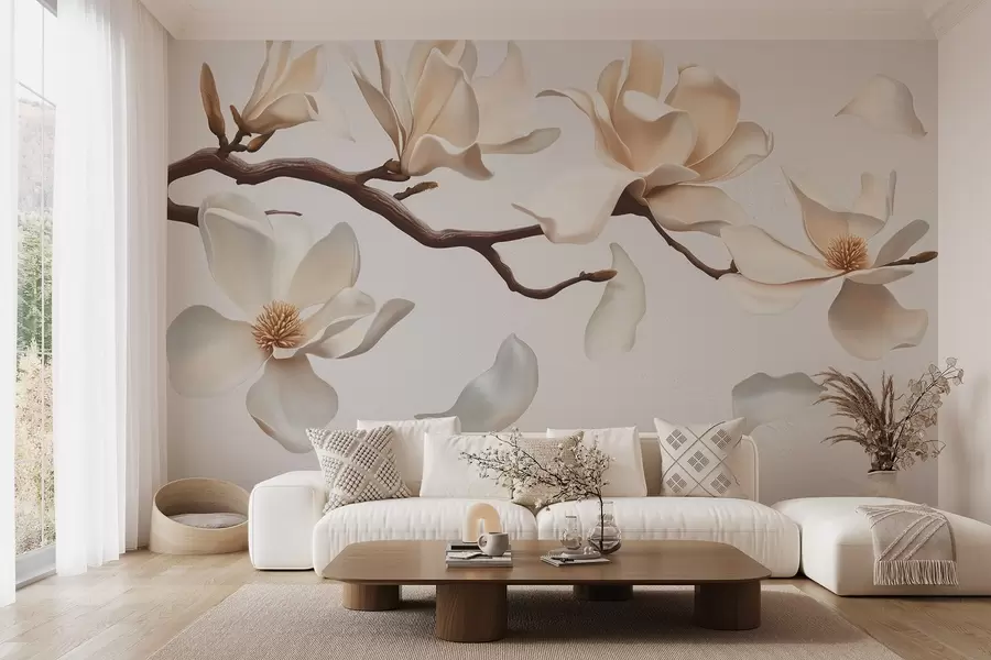 Papier peint Une branche d'arbre avec de délicates fleurs de magnolia et des pétales qui tombent w08706