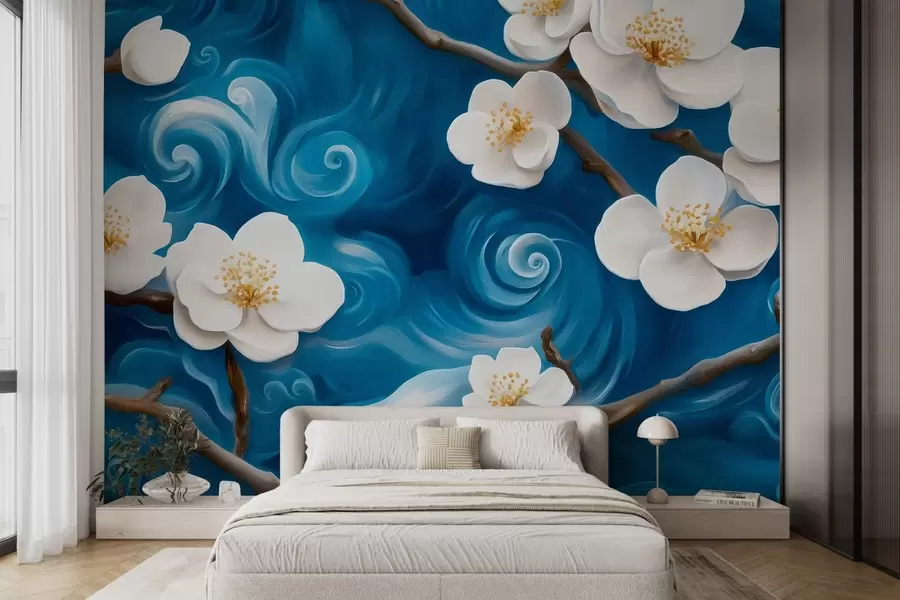 Papier peint Amandier en fleurs dans le style de Van Gogh, fleurs blanches sur fond de ciel bleu nuageux w08707