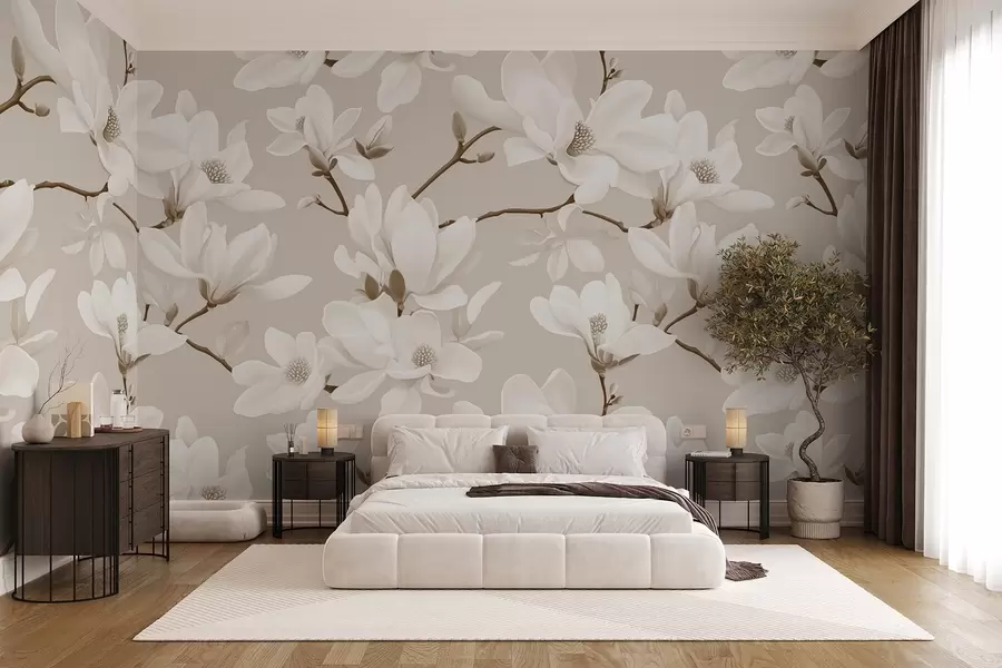 Papier peint Motif de fleurs de magnolia blanches, dans les tons beiges, feuilles et branches blanches w08726v1