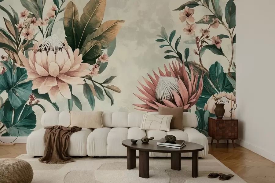 Papier peint des plantes exotiques, des feuilles de palmier et des fleurs de protea inspirées par des w03015