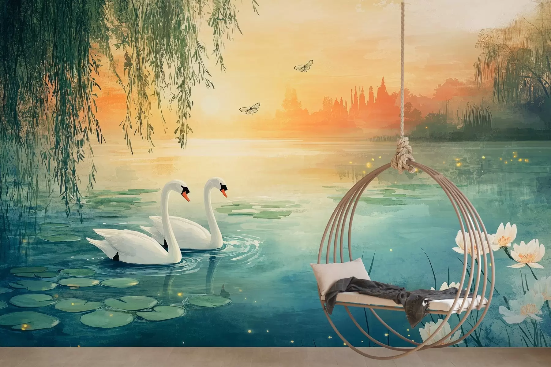 Papier peint Paysage romantique dans le style de la peinture à l'huile avec deux cygnes blancs sur le lac w03017