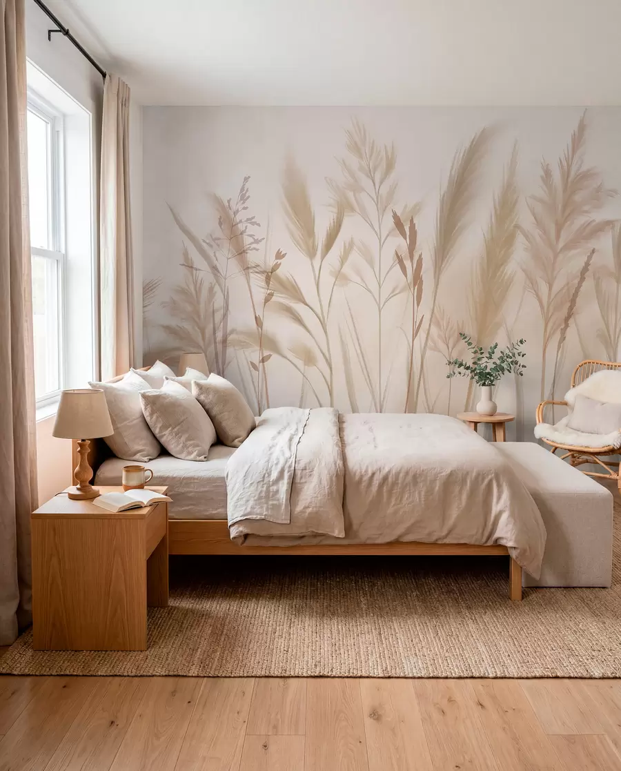 Papier peint Grandes herbes délicates, épillets et plantes dans des tons doux de beige et de crème, sur un fond légèrement flou w08736