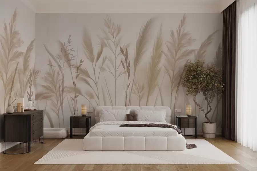 Papier peint Grandes herbes délicates, épillets et plantes dans des tons doux de beige et de crème, sur un fond légèrement flou w08736