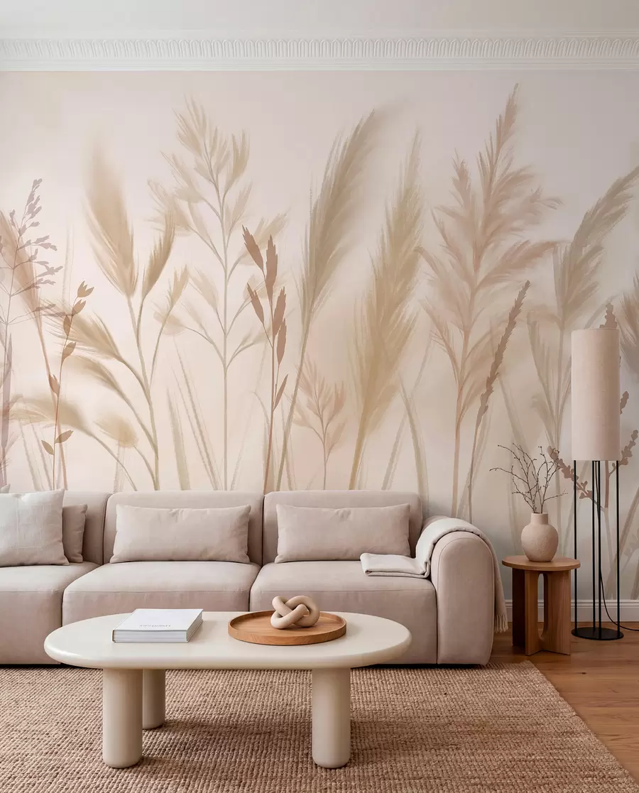 Papier peint Grandes herbes délicates, épillets et plantes dans des tons doux de beige et de crème, sur un fond légèrement flou w08736