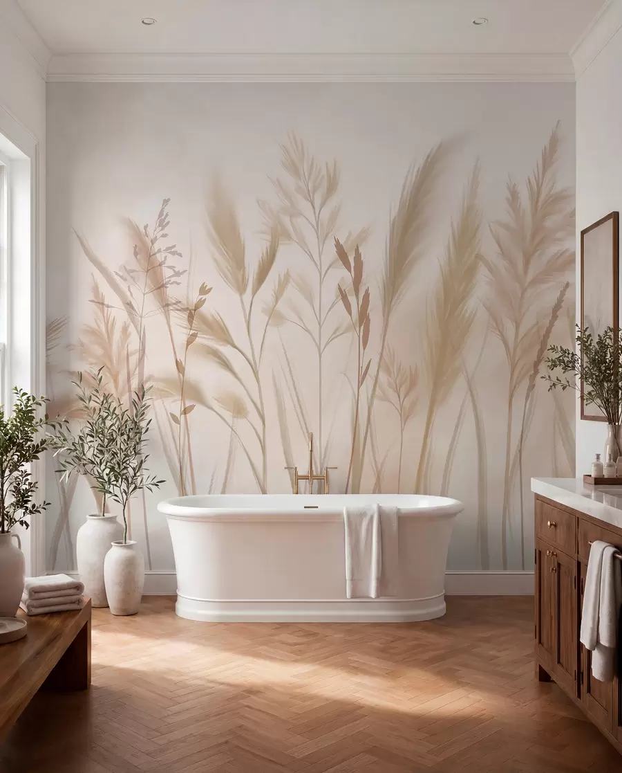 Papier peint Grandes herbes délicates, épillets et plantes dans des tons doux de beige et de crème, sur un fond légèrement flou w08736