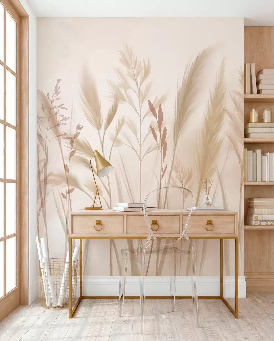 Papier peint Grandes herbes délicates, épillets et plantes dans des tons doux de beige et de crème, sur un fond légèrement flou w08736