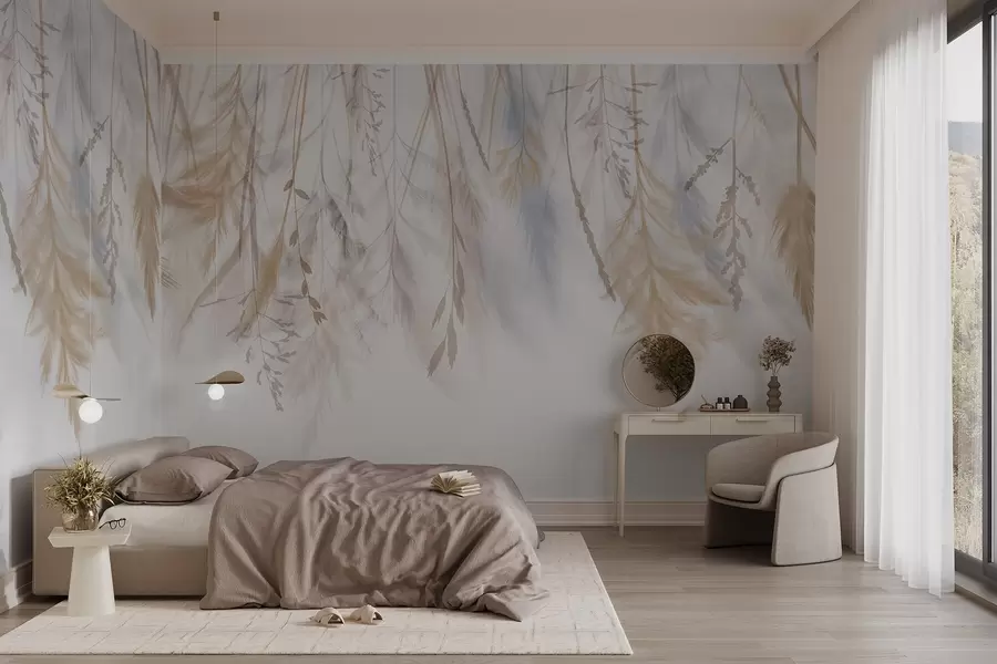 Papier peint Graminées, épillets et plantes délicates dans des tons pastel, disposés en cascade sur un fond clair w08737