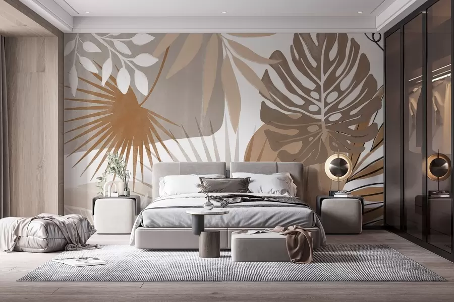 Papier peint Motif abstrait représentant diverses feuilles tropicales dans des tons terreux de marron, beige et crème  w08738