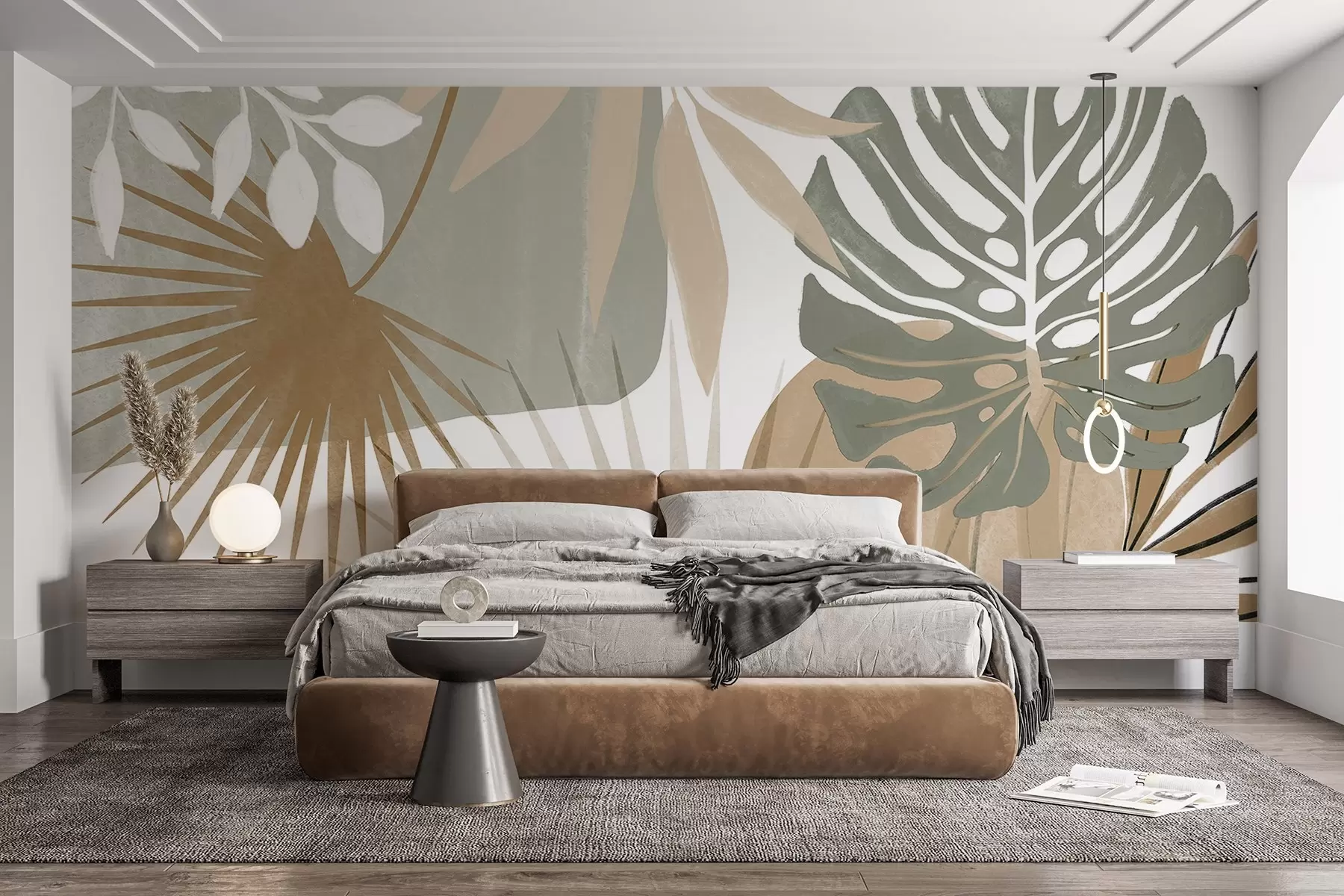 Papier peint Motif abstrait représentant diverses feuilles tropicales dans des tons terreux de vert, beige et crème  w08738v1