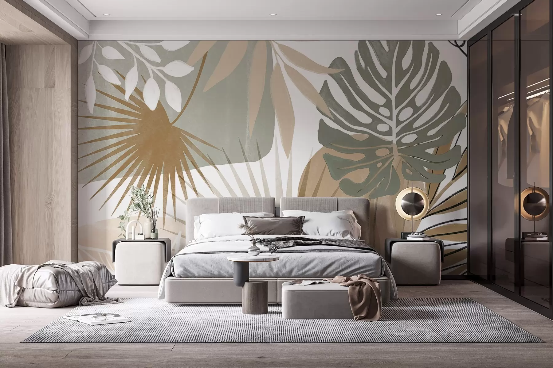 Papier peint Motif abstrait représentant diverses feuilles tropicales dans des tons terreux de vert, beige et crème  w08738v1