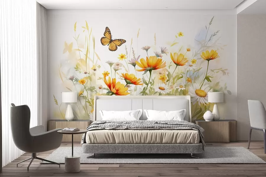 Papier peint Un champ de fleurs vibrant, semblable à une aquarelle, avec des fleurs orange et jaunes et un papillon au-dessus des fleurs w08739