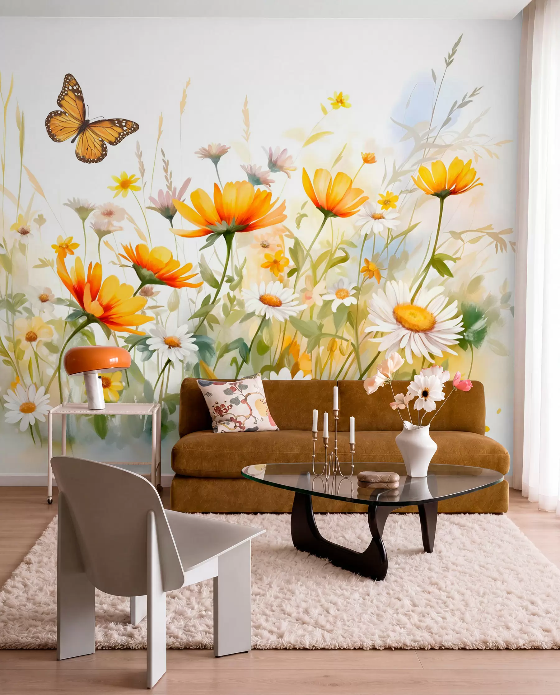 Papier peint Un champ de fleurs vibrant, semblable à une aquarelle, avec des fleurs orange et jaunes et un papillon au-dessus des fleurs w08739
