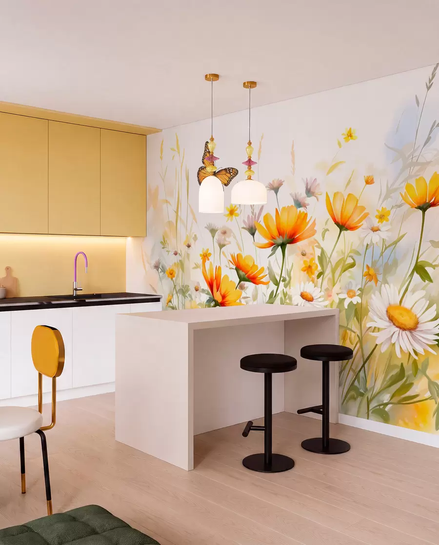Papier peint Un champ de fleurs vibrant, semblable à une aquarelle, avec des fleurs orange et jaunes et un papillon au-dessus des fleurs w08739