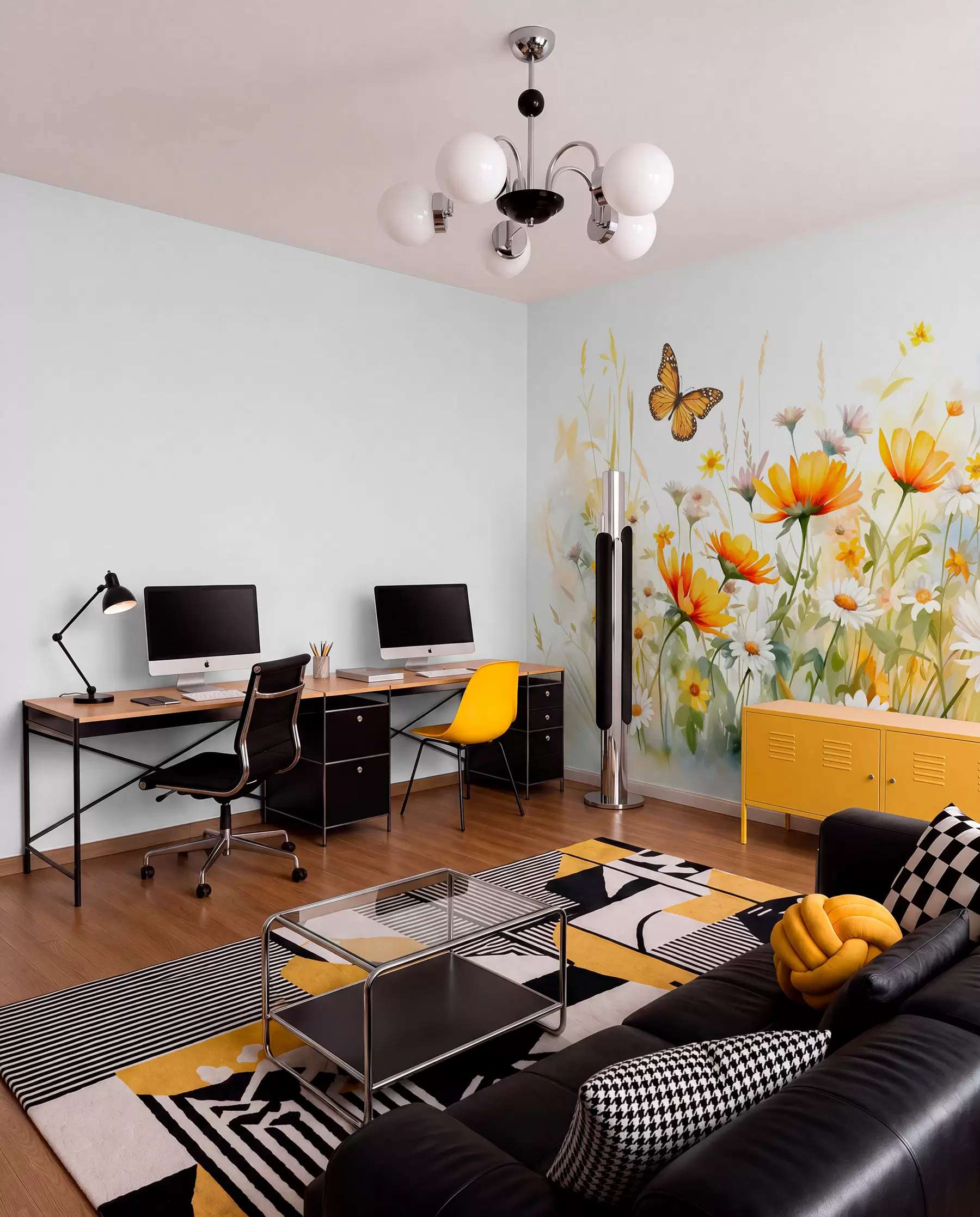 Papier peint Un champ de fleurs vibrant, semblable à une aquarelle, avec des fleurs orange et jaunes et un papillon au-dessus des fleurs w08739