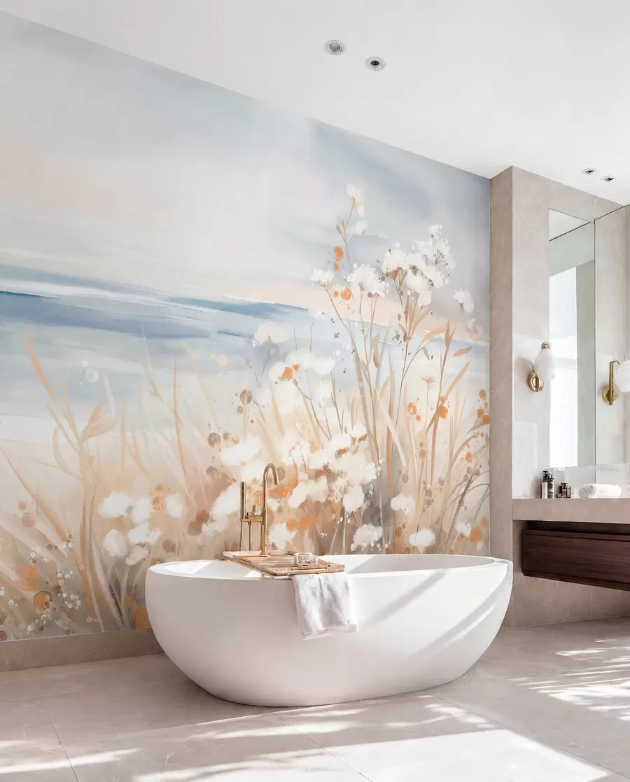Papier peint Fleurs abstraites blanches aux tiges délicates dans une herbe, sur un fond doux et atténué de mer et de ciel calmes  w08740
