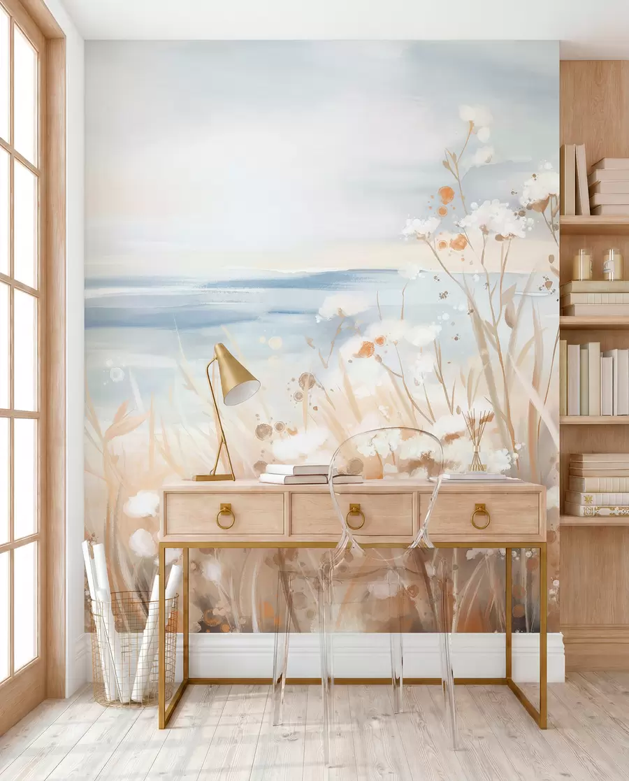 Papier peint Fleurs abstraites blanches aux tiges délicates dans une herbe, sur un fond doux et atténué de mer et de ciel calmes  w08740
