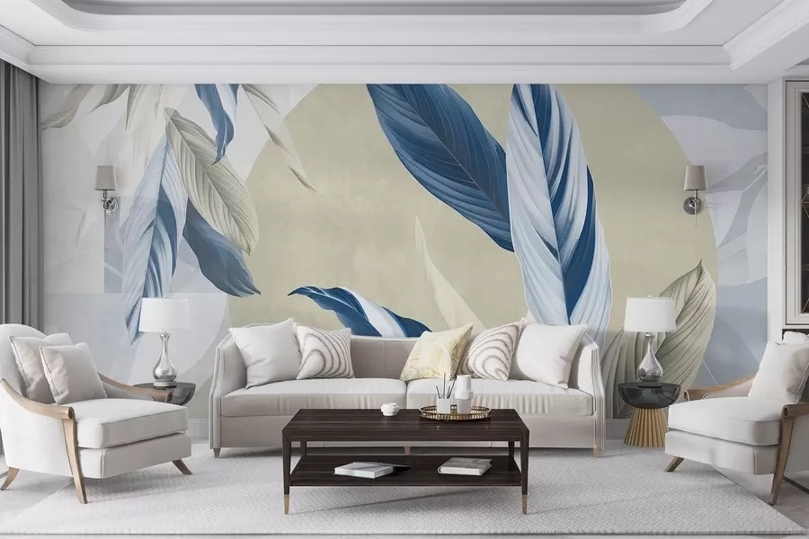 Papier peint Composition géométrique moderne et abstraite avec des feuilles détaillées dans les tons bleu, beige et blanc w08741