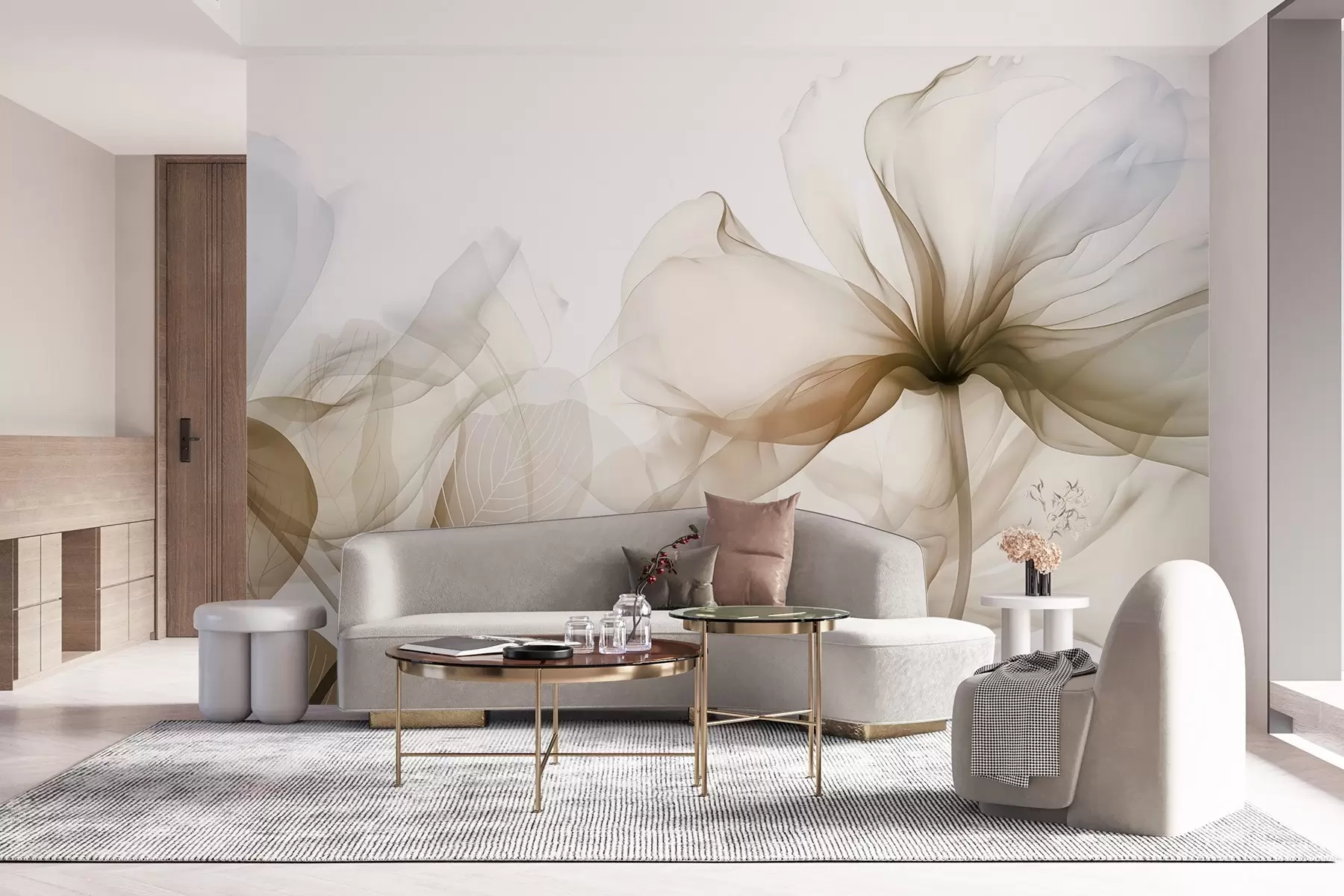 Papier peint Fleurs abstraites brunes aux pétales doux et translucides et aux détails délicats, sur fond blanc w08742v1