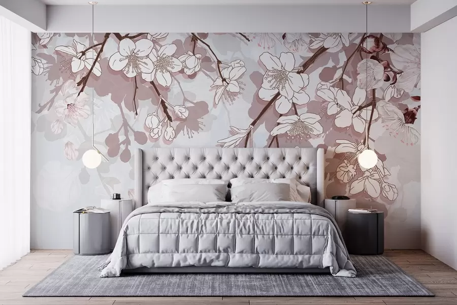 Papier peint Branches de cerisiers en fleurs avec de délicates fleurs blanches et des accents roses sur un fond bleu clair w08743