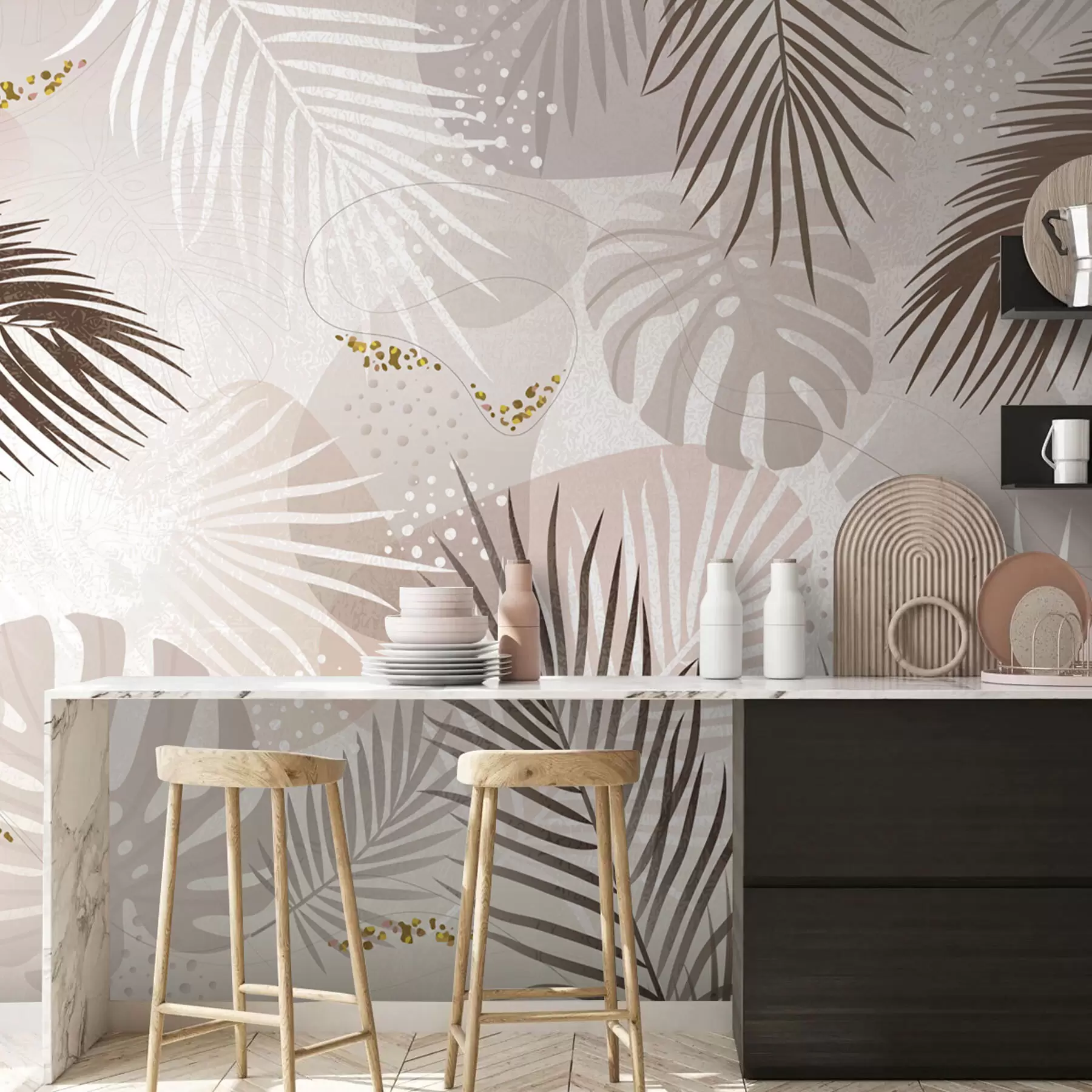 Papier peint Tendance abstraite de feuilles et de lignes tropicales w03060