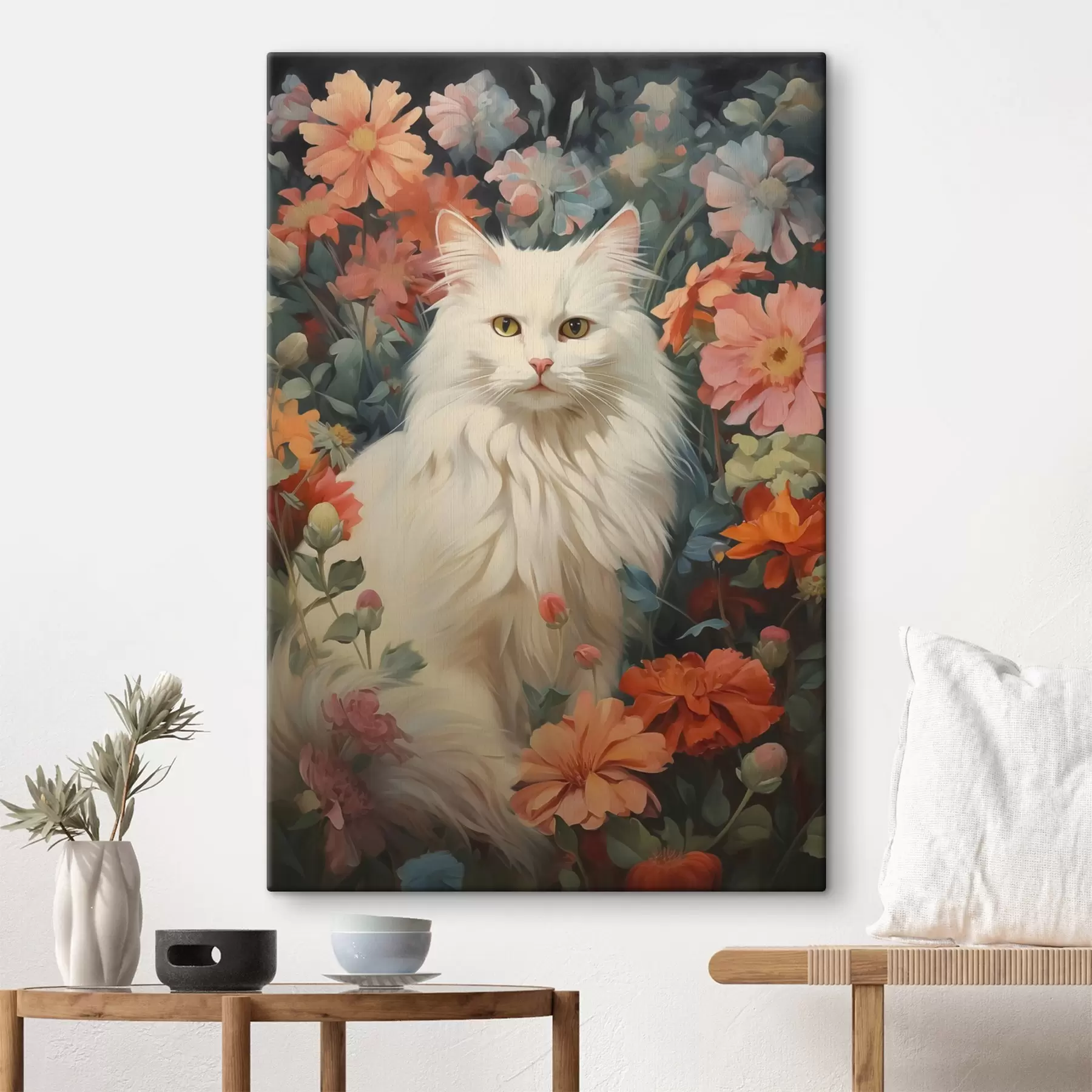 Tableau Chat blanc dans les fleurs s42905
