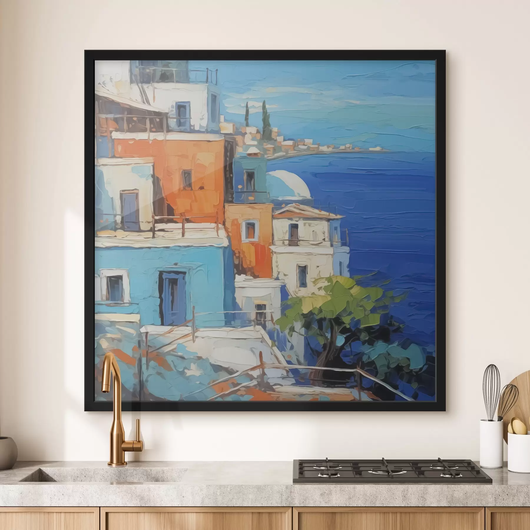 Papier peint Maisons au bord de la mer imitation de traits de peinture f42899