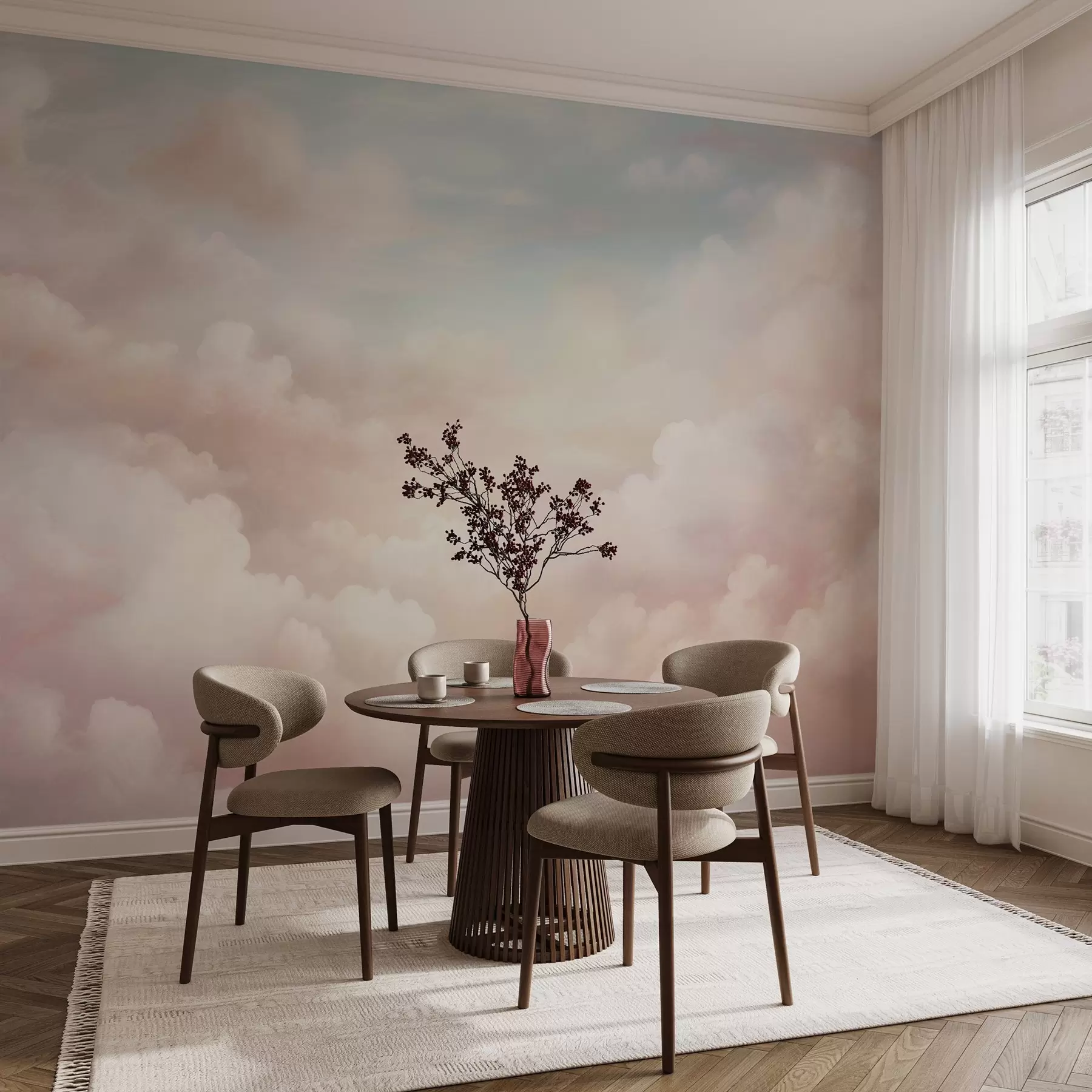 Papier peint Nuages doux et pastel dans les tons rose, crème et bleu w03047