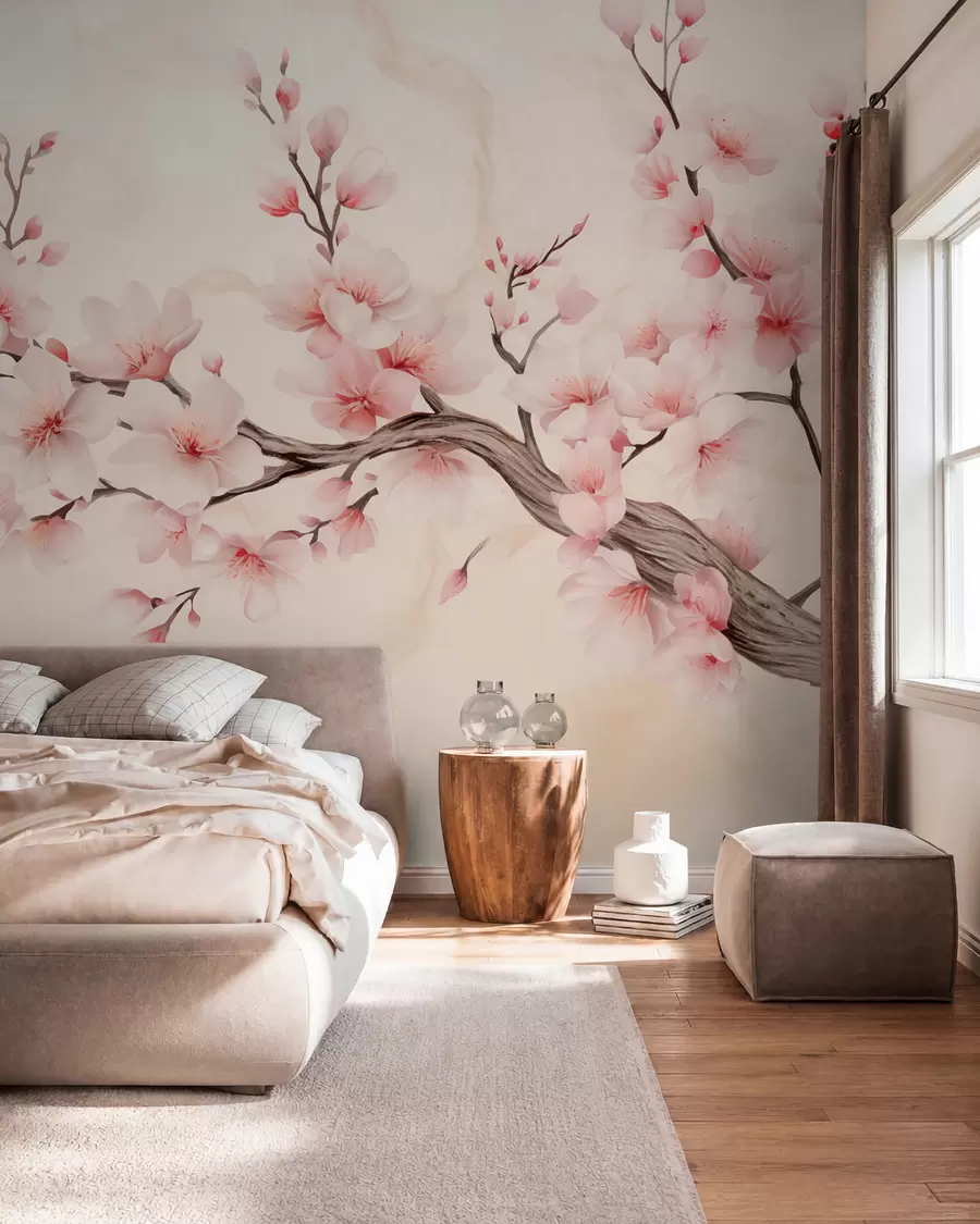 Papier peint Branche de cerisier délicate avec des fleurs rose tendre sur un fond clair w03079