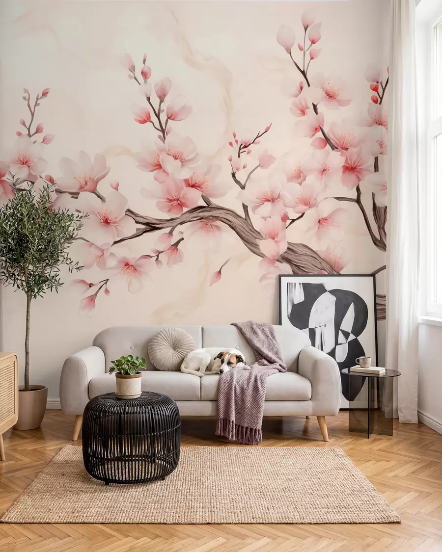 Papier peint Branche de cerisier délicate avec des fleurs rose tendre sur un fond clair w03079