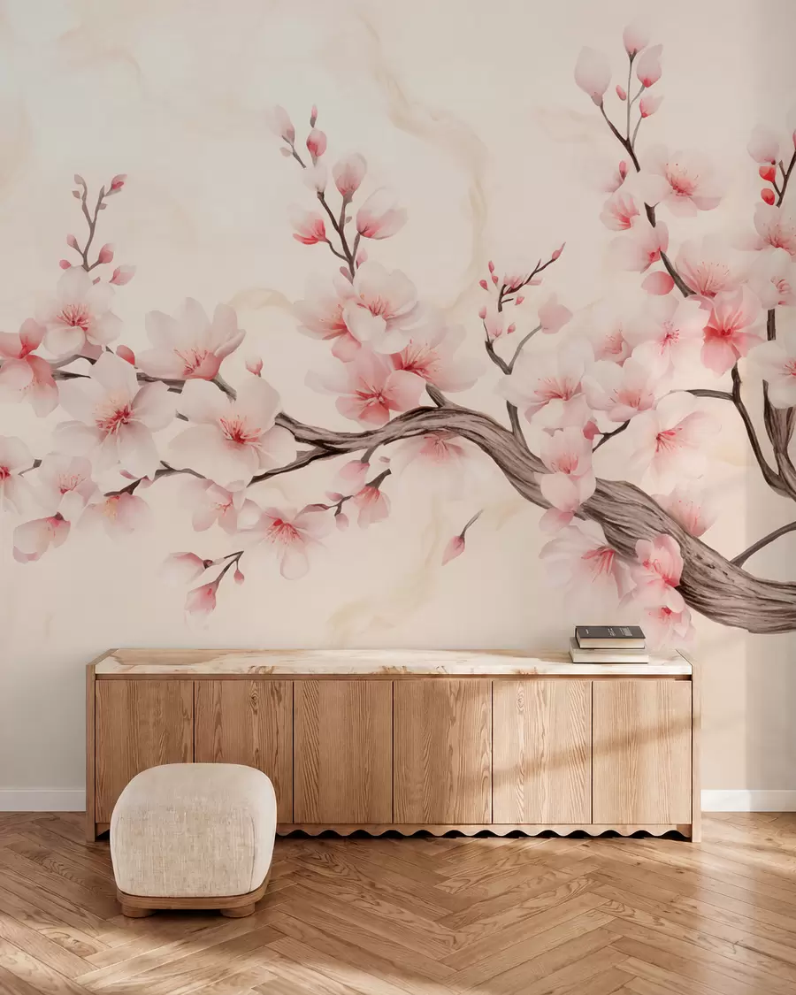 Papier peint Branche de cerisier délicate avec des fleurs rose tendre sur un fond clair w03079