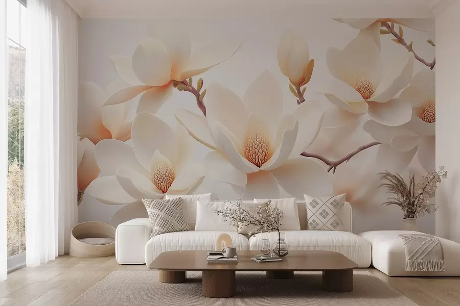 Papier peint Fleurs de magnolia de couleur crème sur fond blanc w08745