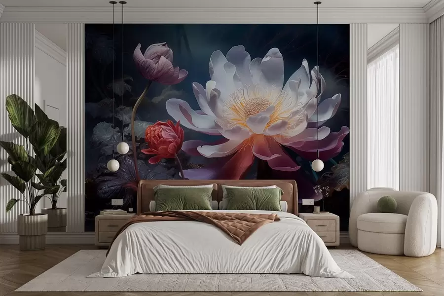 Papier peint Des fleurs fantastiques s'épanouissent dans une atmosphère sombre et féerique w08747