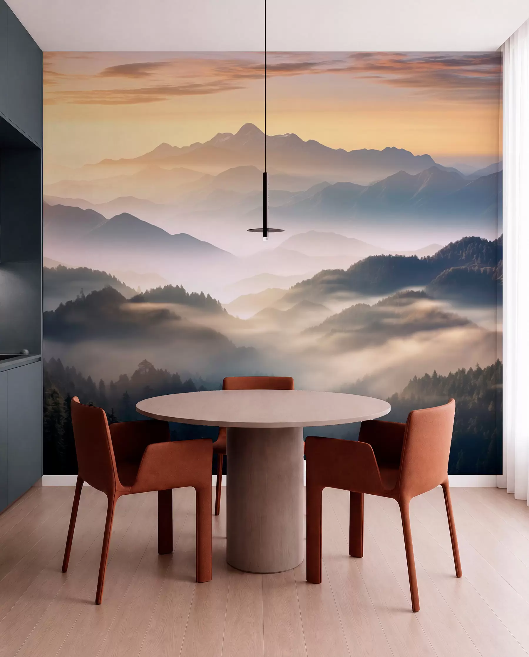 Papier peint Paysage de montagne serein à l'aube, avec une douce brume enveloppant les pins w08748