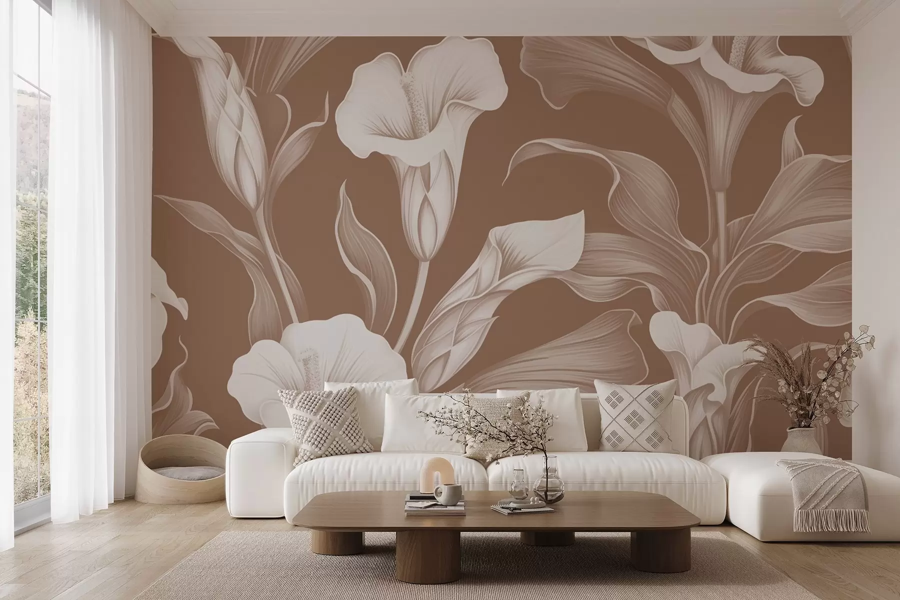 Papier peint Lys calla blancs sur fond beige w08752v1