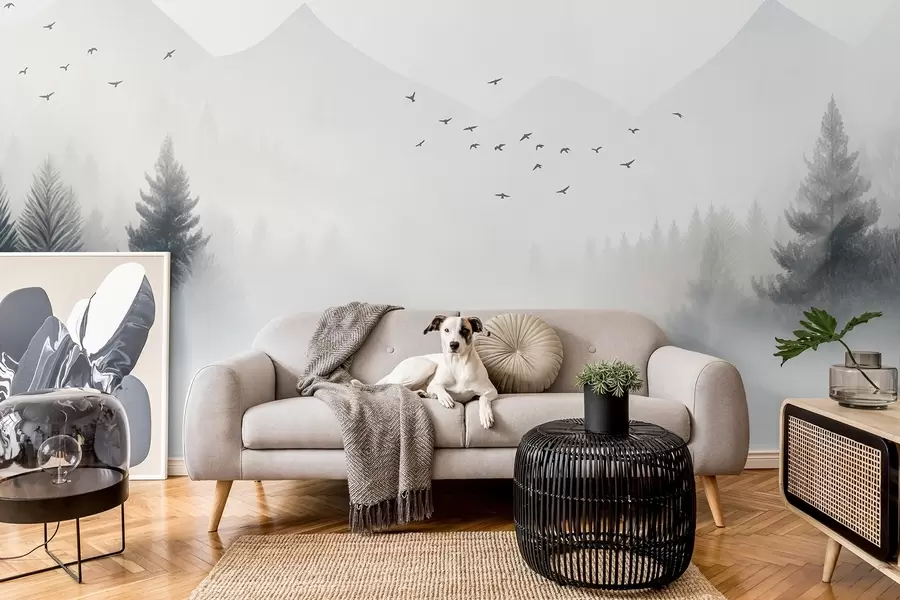 Papier peint Forêt hivernale sereine à flanc de montagne dans des tons de blanc et de gris clair w08756