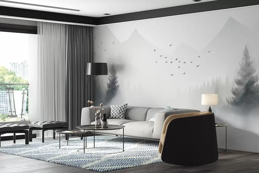 Papier peint Forêt hivernale sereine à flanc de montagne dans des tons de blanc et de gris clair w08756