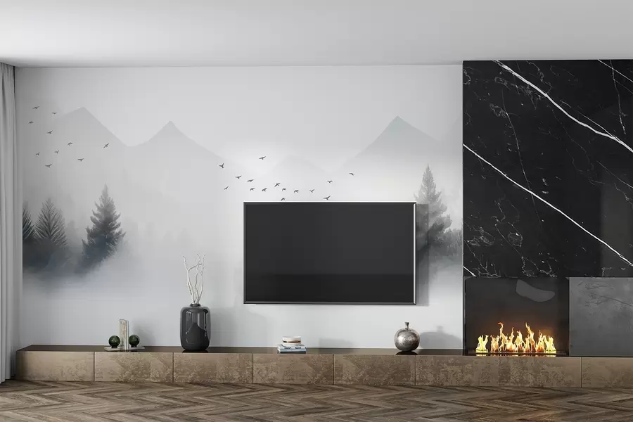 Papier peint Forêt hivernale sereine à flanc de montagne dans des tons de blanc et de gris clair w08756