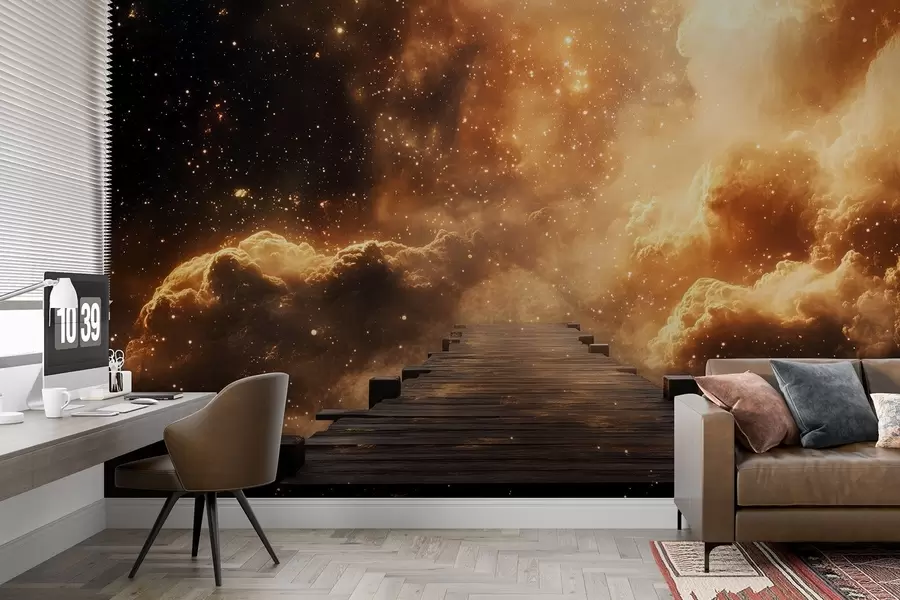 Papier peint Ciel étoilé jaune-noir cosmique avec une jetée en bois w08723