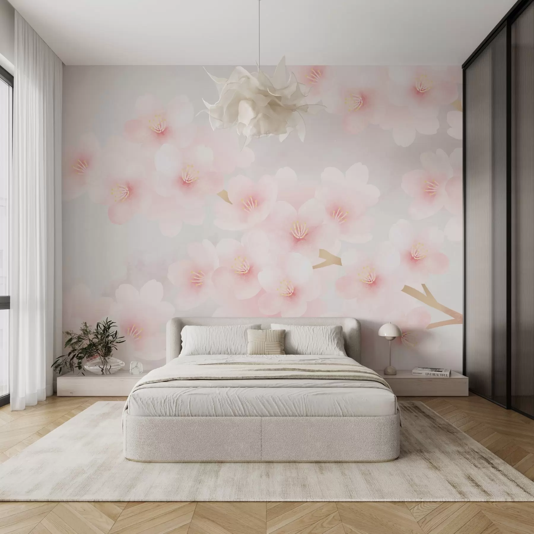 Papier peint Branches délicates avec des fleurs roses w03099