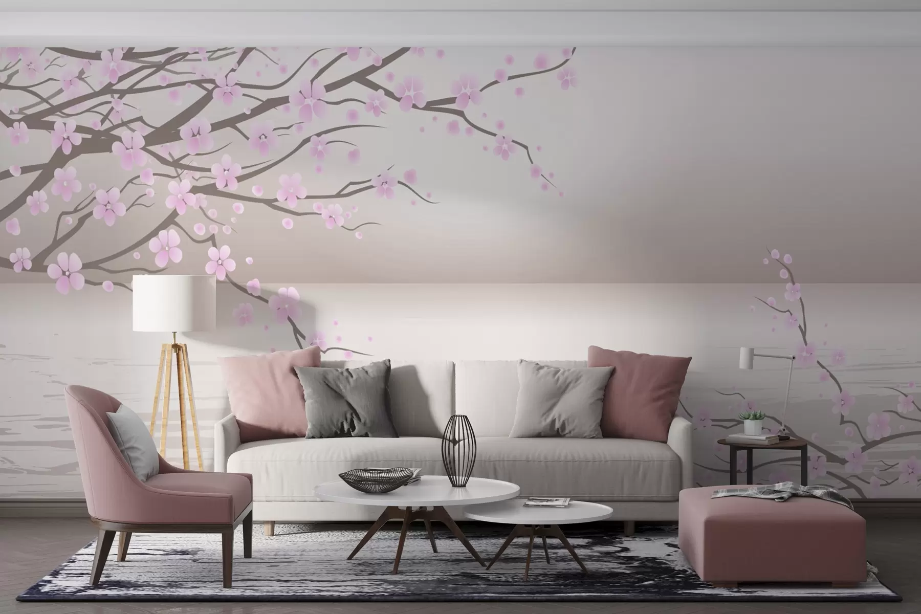 Papier peint Arbres à fleurs roses sur fond de lever de soleil w03100