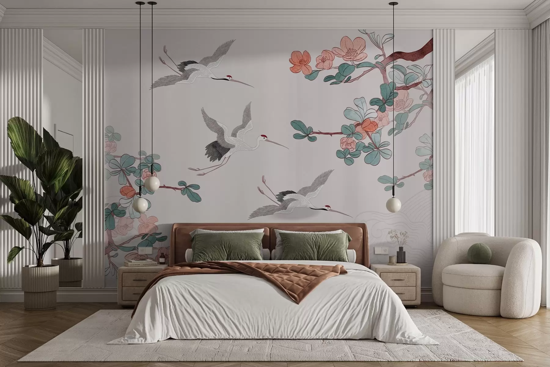 Papier peint Branches avec fleurs et grues dans le style japonais w03103