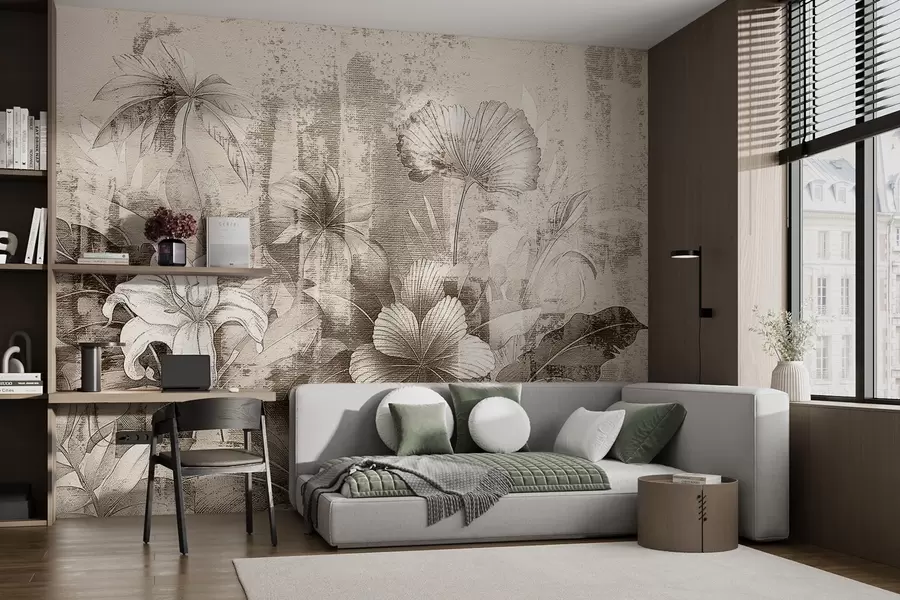 Papier peint Design vintage avec fleurs et plantes exotiques w08767v2