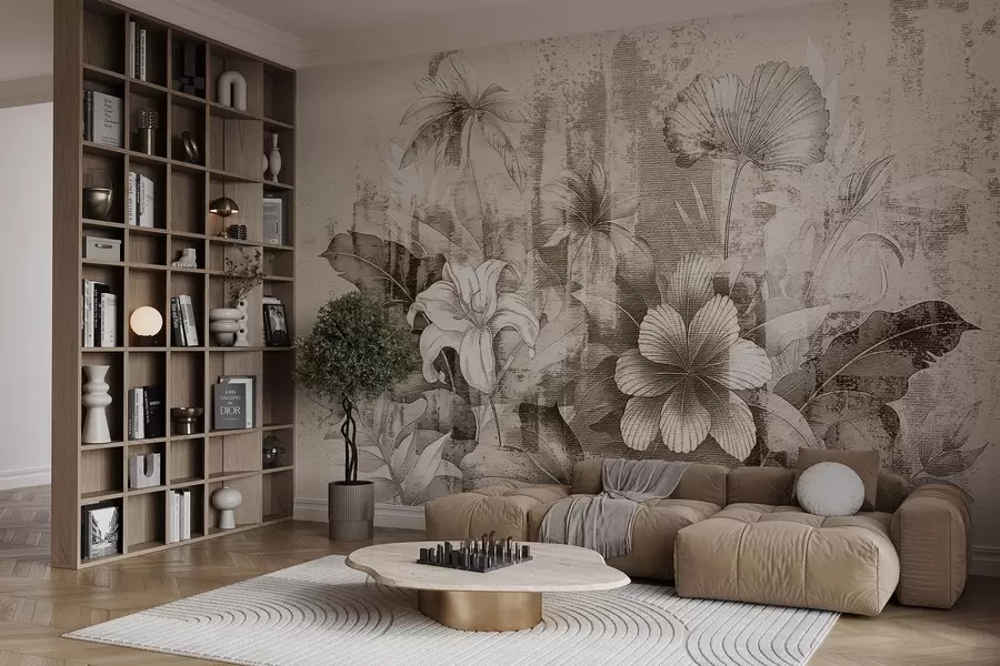 Papier peint Design vintage avec fleurs et plantes exotiques w08767v2