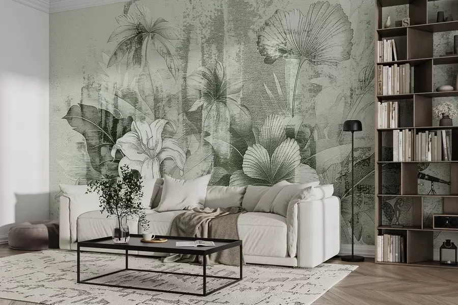 Papier peint Design vintage avec fleurs et plantes exotiques w08767v3